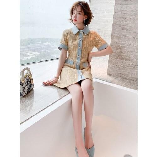 Contrast Color Lapel Tweed Bright Silk Single-Breasted Waist Hugging Slim Dress Womens 2020 Early Autumn