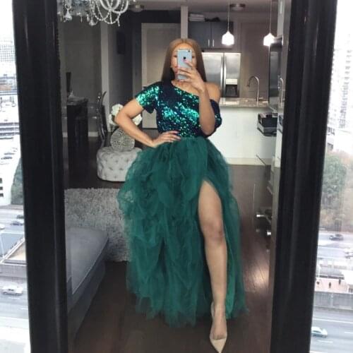 Hot Sale High A-Line Slit Tulle Tutu Skirts Extra Puffy Ball Gown Prom Dresses 2021 Hi Slit Women Long Skirt Party Gown