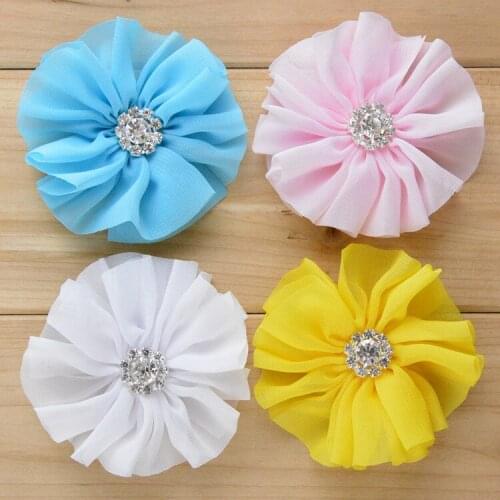 Yundfly 3pcs Chiffon Flower With Rhinestone Button For Children Infant Toddler Hair Accessories Baby Headband Hair Flowers