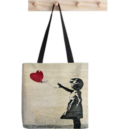 Shopper Banksys Girl with a Balloon printed Tote Bag women Harajuku shopper handbag girl Shoulder shopping bag Lady Canvas Bag