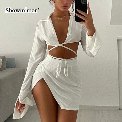 Showmirror White Outfits Bandage Tie Front Top and Skirt Sets Women 2021 Fall Matching Set Split Skirt Club Party Clothes
