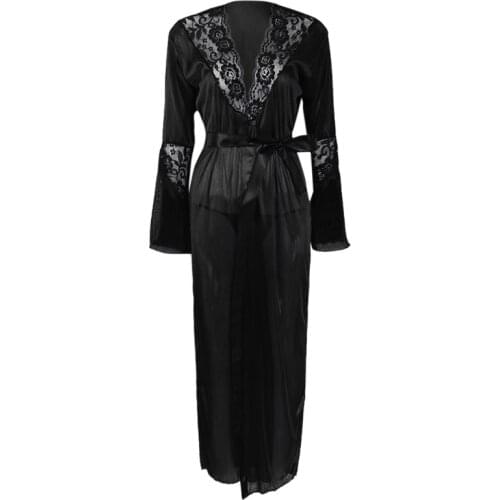 Womens Sexy Long Kimono Dress Lace Bath Robe Lingerie Ice Silk Nightdress Solid