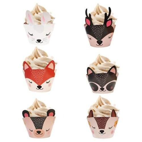 12pcs/Lot Cartoon Animal Cupcake Decoration Fox Alpaca Rabbit Elk Cake Toppers Wrappers Party Supplies Table Decoration