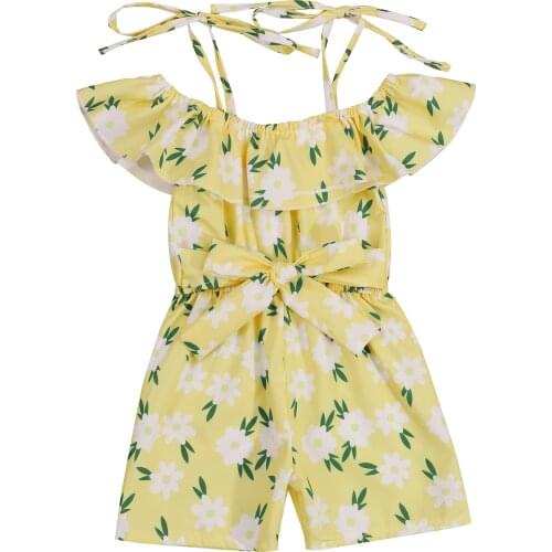 2021 0-5Y Boho KIds Baby Girl Jumpsuit Summer New Floral Print Off Shoulder Ruffle Short Sleeve Bow Tunic Romper Wide Leg Pants
