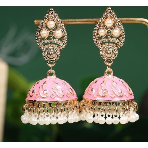 Boho Gypsy Pink Carved Indian Earrings 2020 Womens Jewelry Retro Pearl Tassel Ladies Jhumka Earrings Orecchini