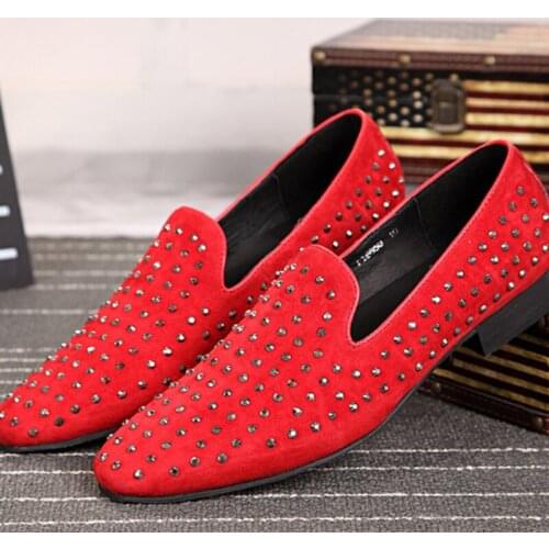 Christia Bella British Style Male Smoking Slippers Shoes Red Suede Leather Man Rivet Flats Shoes Mens Party Dress Loafers Shoes