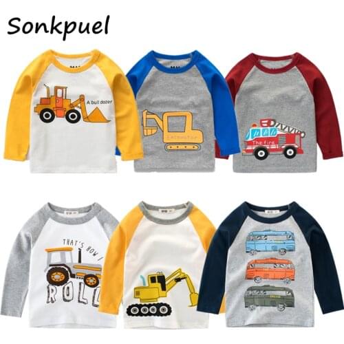 Kids Boys T-shirts Baby Long Sleeve Excavator Tops Children Autumn Solid Cotton Sweatshirt 2 3 4 5 6 7 8 Years Boy Girl T Shirts
