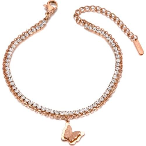 Double Layer CZ Crystal Butterfly Charm Animal Bracelets For Women Stainless Steel Bohemia Link & Chain Bracelet B20006