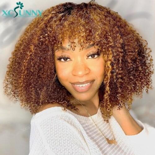 Kinky Curly Highlight Wig Human Hair Full Machine Made Wig With Bangs Colored Blonde Brown Wig Remy Brazilian For Women xcsunny