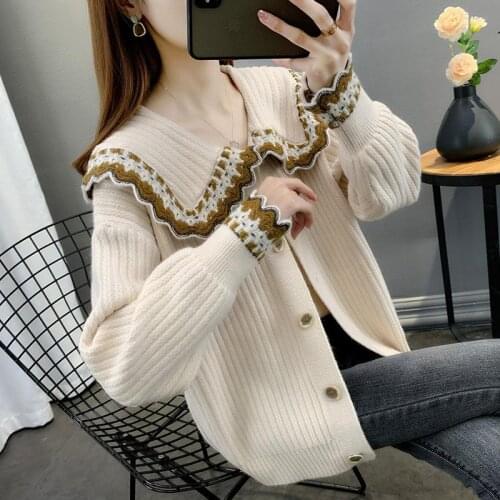 Doll collar sweater jacket womens 2021 spring and autumn fashion new foreign style casual loose blouse and knitted cardigan