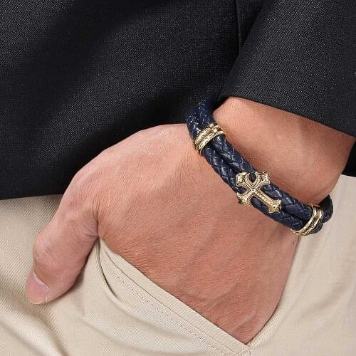 Double 6MM Dark Blue Braided Leather Bracelet Men Golden Stainless Steel Magnetic Buckle Christmas Gift Cross Women Bangle