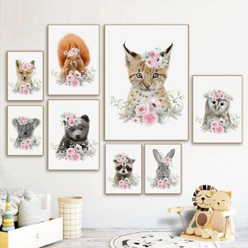 Flower Animals Wall Art Nursery Canvas Painting Rabbit Fox Raccoon Squirrel Nordic Posters And Prints Wall Pictures Room Decor