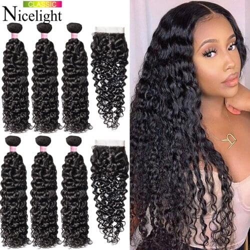 Nicelight Brazilian Hair Bundles With Closure Water Wave Non-Remy Hair Extension Curly Closure With Bundles For Black Women