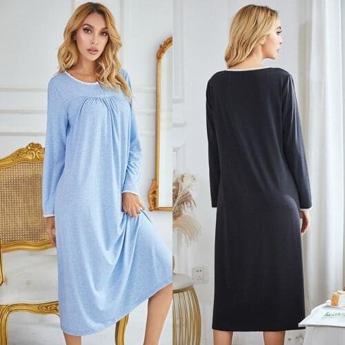 Spring New Womens Solid Color Long Sleeve Nightdress Lace Knitting Casual Home Wear Night Dress Women Sexy Nightgown Nightwear