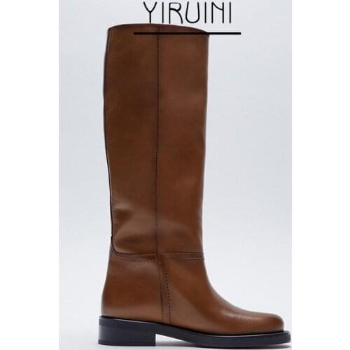 2021 ZA New Womens Boots Round Toe Boots Brown Retro Leather High-barreled Leather Boots