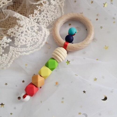 New Arrival Non Toxic Sensory Teething Toy Silicone Baby Teether crochet beads wooden ring teether