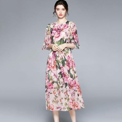 New Women Chiffon Long Dress Summer 2021 Elegant Fashion O-Neck Short Sleeve Elastic Waist Printing Flowy Floral Chiffon Dress