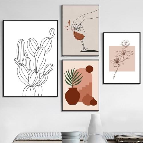 Boho Style Abstract Lines Flower Poster Nordic Prints Wine Glass Cup Canvas Painting Wall Pictures for Living Room Decor