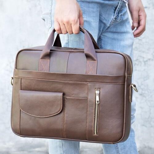 Retro Mens Briefcases Genuine Leather Laptop Bags Leather Men 14Inch Briefcase Messenger Bag Business Bag for Document Handbag