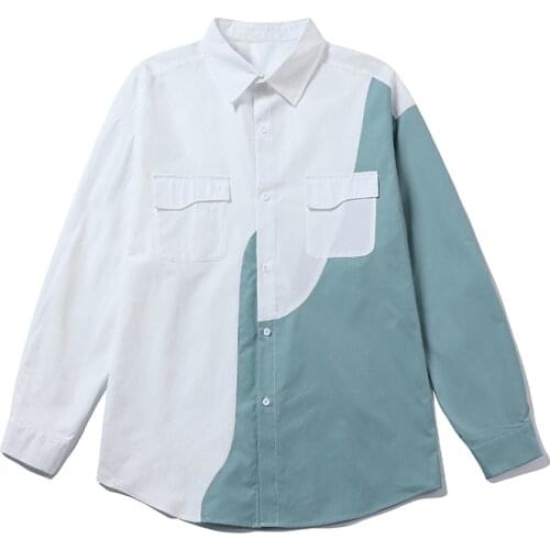 Fashion Color Spliced Shirt Men Long Sleeve Autumn Clothing Casual Streetwear Two Pockets Patchwork Big Size Shirts for Male