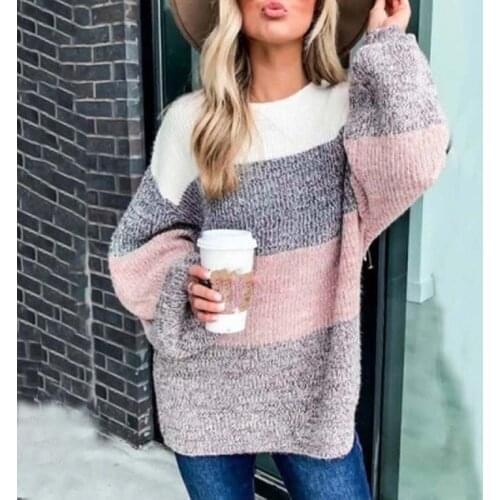 Umeko Winter Womens Sweater Stripe Sweaters Casual Sexy O-neck Knitting Jacquard Loose Pullover Korean Sweater Tops for Women