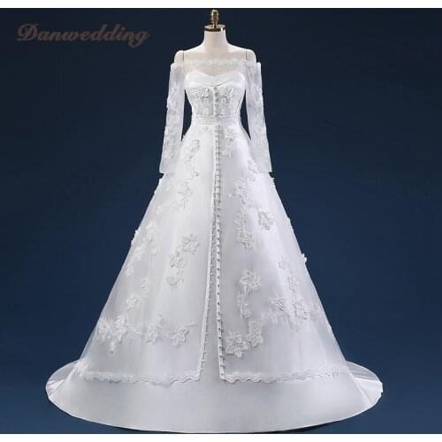 Gorgeous A-Line Wedding Dress Long Sleeve Boat-Neck Refinement Lace Applique Plus Size Bridal Dress Real Photo Wedding Gowns