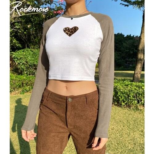 Rockmore Y2K Brown Heart Cute Patchwork Crop Tops Women Vintage Leopard Casual Tshirts Harajuku 90s Aesthetic Tee Korean Clothes