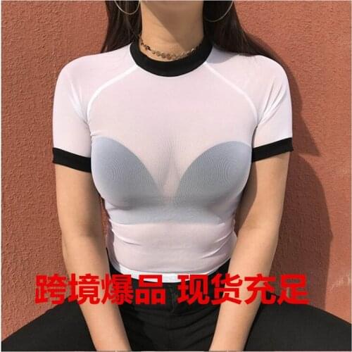 Woman Tshirts Tops Pokemon Vintage Contrasting Color Slim-Fit Sexy Perspective Mesh Bottoming Shirt Free Dropshipping BLK888