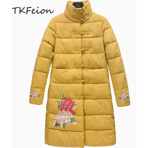 Women Long Coats Jackets Fashion Floral Embroidery 2019 Autumn Winter Female Warm Cotton-padded Parka Chinese Style Stand Collar