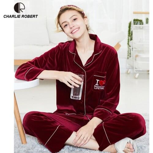 Gold Velvet Winter Women Pajama Sets Female Flannel V Neck Solid Casual Loose Home Clothes Winter Warm Suit Two Piece Lingerie