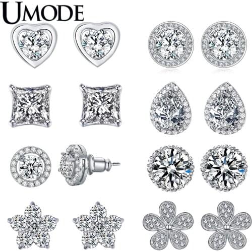 UMODE Fashion CZ Crystal Heart Star Stud Earrings for Women White Gold Color Flower Party Jewelry Hot Zircon Earrings AUE0013