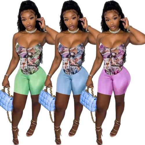 Vintage Aesthetic Print Crop Top and Biker Shorts 2 Piece Sets Women Summer Clothing 2021 Sexy Club Outfits D21-CB20