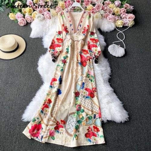 Maxi Dresses for Women Vintage Print V Neck Elegant Fashion Sexy Dress Female Y2k Clothing Women Korean Vestido De Mujer 2021