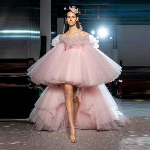 2020 Sweet Pink Hi Low Tulle Dresses Women Extra Puffy Tiered Ruffled Prom Gowns Strapless Long Dress With Train Custom Made