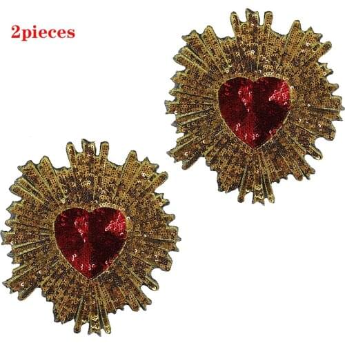 Red Heart Floral Gold Sequins Iron Patche Sewing Embroidered Applique for Jacket Clothes Stickers Badge DIY Apparel Accessories