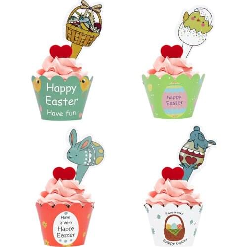 24Pcs Easter Bunny Cake Toppers Easter Rabbit Egg Pattern Cupcake Wrapper Cup For Kids Birthday Party Supplies Easter Cake Decor