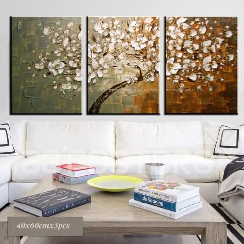 Abstract cuadros decorativos 3 piezas acrylic wall panels knife paintings tree hand painted canvas oil paintings for living room