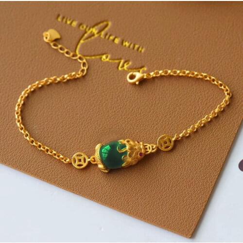 S925 Sterling Silver Ancient Gold Frosted Gold Natural Hetian Jade Green Jade Spinach Green Pi Xiu Bracelet Money Drawing and Ev