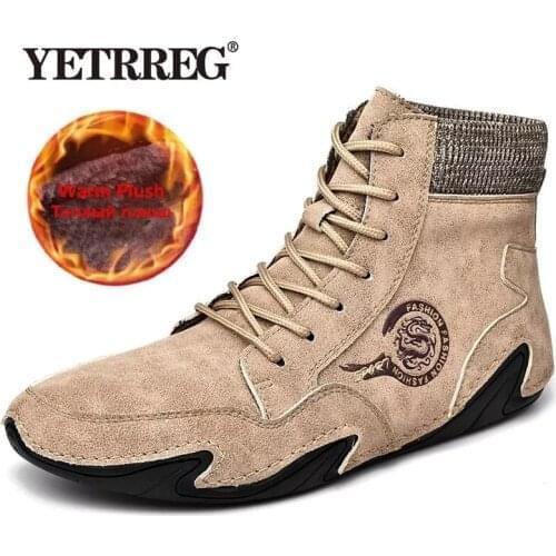 Brand Winter Boots High Quality Split Leather Men Boots Plush Warm Snow Boots Handmade Mens Shoes Fashion Men Motorcycle Boots