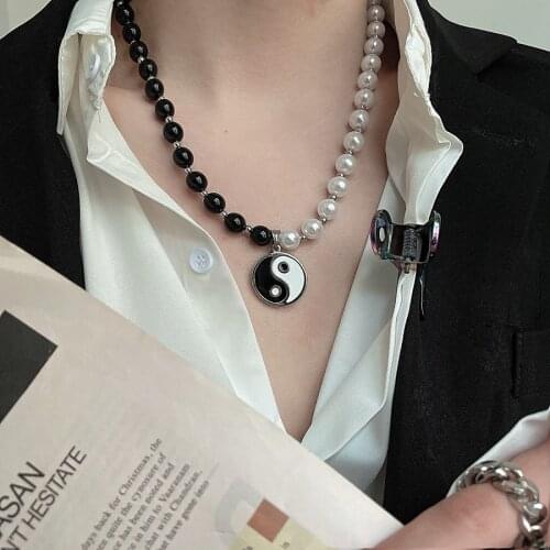 2021 New Design Punk Hip Hop Black white Imitation Pearls Choker Tai Chi Yin Yang Metal Necklace for Women Men Couple Jewelry