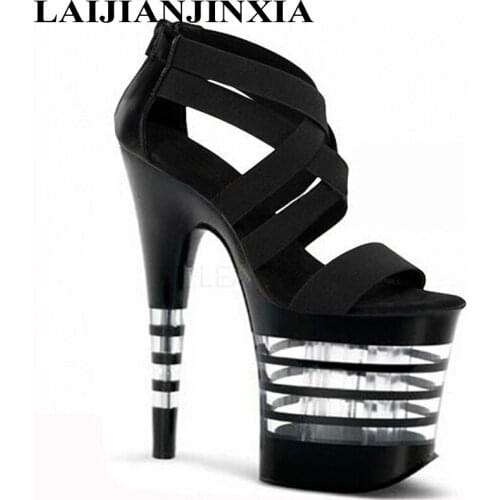 LAIJIANJINXIA 20cm high tops gladiator sandals 8 inch high heels Stripe Crystal open toe dance shoes women Dance Shoes