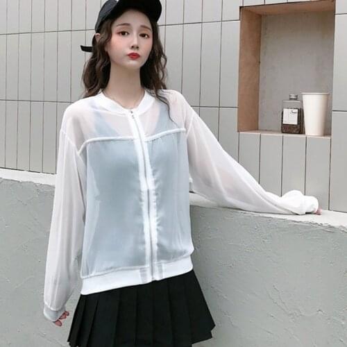 Summer Anti-UV Sun Protection Outwear Beach Vacation Style Solid Chiffon Thin Coat Casual Loose Zipper Bikini Cover Blouses