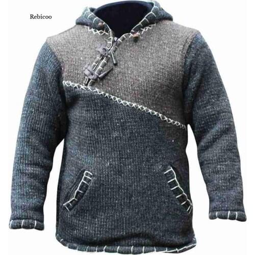 Men Knitted Sweater Hoodie Pullover Jumper Streetwear Cropped Fall Trendy Spliced Plus Size Stitching Hooded Sweatshirt