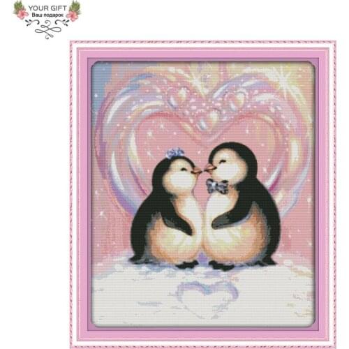 Joy Sunday D433 Free Shipping 14CT 11CT Counted and Stamped Home Decor The Love Of Penguins Needlecraft DIY Cross Stitch Kits