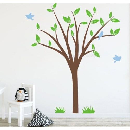 Nursery Wall Decal Tree With Flying Birds And Grass Wall Stickers For Childrens Kids Bedroom Wall Vinyl Tree Decoration LL2462