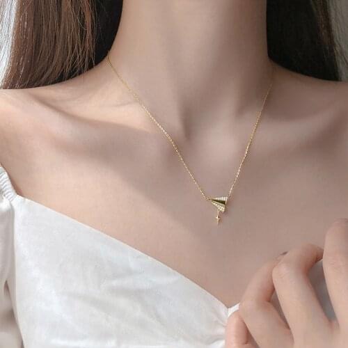 Paper Airplane Zirconia Clavicle Chain Gold 925 Sterling Silver Necklace For Women Girls Fashion Bling Simple Jewelry SN2347