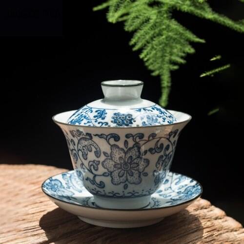 Handmade Ceramic Gaiwan Teacup Hand painted floral pattern Chinese Tea tureen Teaware Make tea Personal Single Cup 170ml