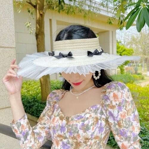 Sweet Bow Veil Beige Empty Top Wide Brim Elegant Straw Hat Women Summer Sun Protection Sun Hat Holiday Beach Kentucky Derby Cap