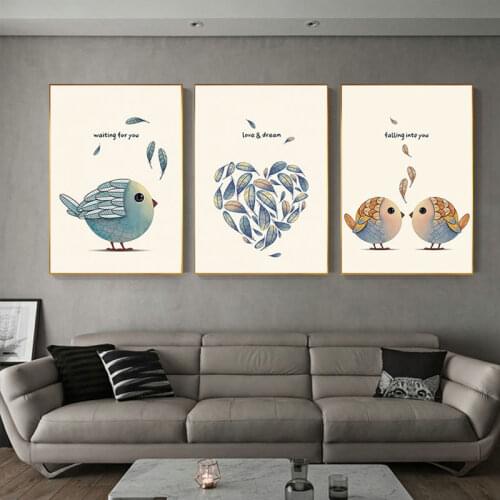 Modern Poster and Print Nordic Cute Bird Lover Leaf Canvas Painting for Living Room Creative Heart-shaped Lovely Wall Art Decor