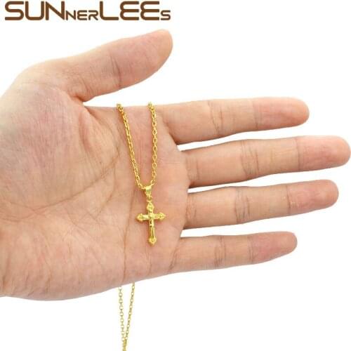 SUNNERLEES Fashion Jewelry Mens Womens Gold-Color Jesus Christs Cross Pendant Necklace Optional Chain P17